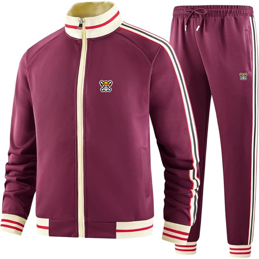 Men's Straw Hat  Tracksuit with Bold Striped Accents and Zippered Front